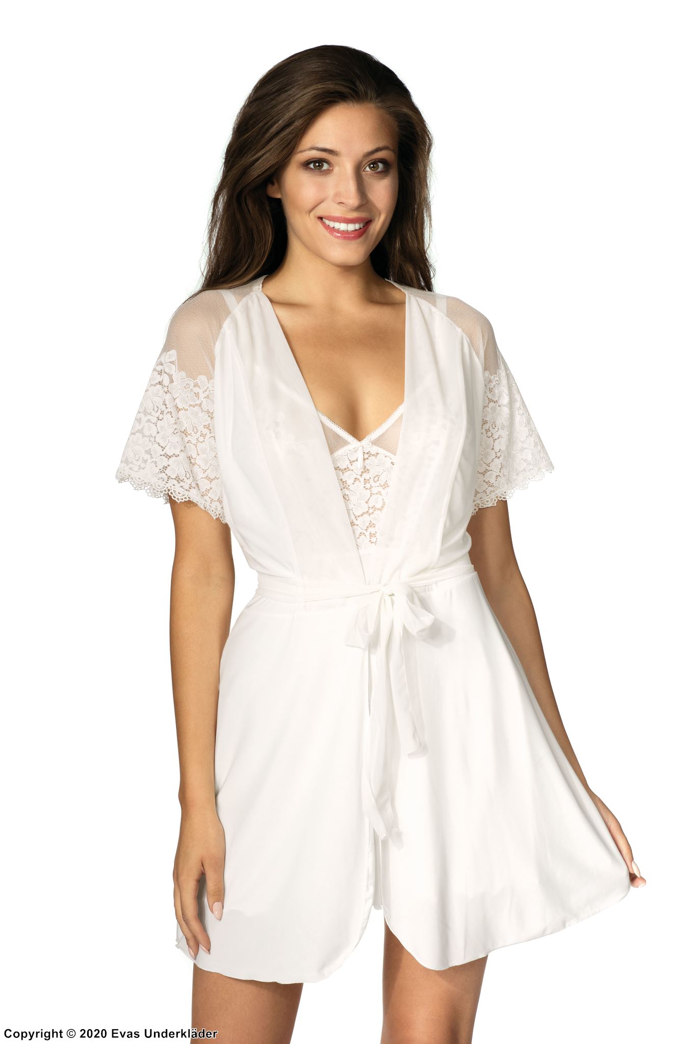 Lounge robe, bow, lace trim, short sleeves